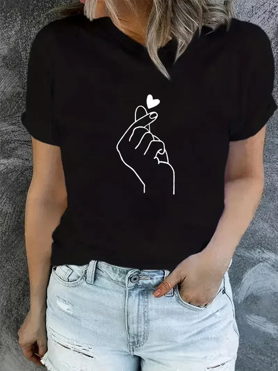 Tshirt Heart Print T-Shirt Short Sleeve Crew Neck Casual Top for Summer Spring Women&