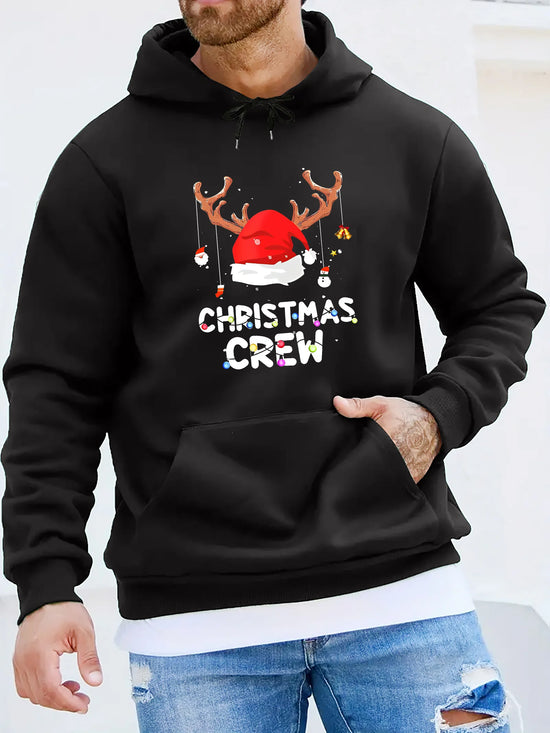 Christmas Crew Hoodie Festive Santa Hat Print Casual Lettering  Holiday Sweatshirt Casual Long Sleeve Pullover with Pockets